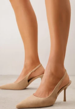 Ciemnobeżowe Sandały Slingback na Szpilce z Imitacji Zamszu Carilona