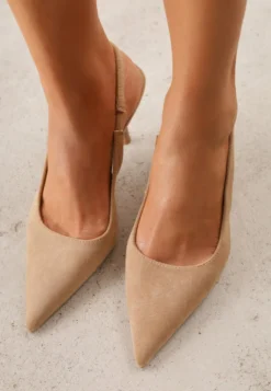Ciemnobeżowe Sandały Slingback na Szpilce z Imitacji Zamszu Carilona