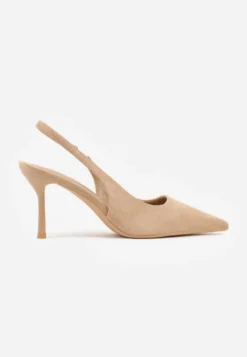 Ciemnobeżowe Sandały Slingback na Szpilce z Imitacji Zamszu Carilona