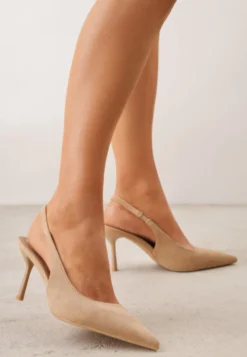 Ciemnobeżowe Sandały Slingback na Szpilce z Imitacji Zamszu Carilona