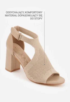 Ciemnobeżowe Sandały Soft Fit VICES na Obcasie w Stylu Botków z Elastyczną Ażurową Cholewką Comfort Omphopis