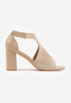 Ciemnobeżowe Sandały Soft Fit VICES na Obcasie w Stylu Botków z Elastyczną Ażurową Cholewką Comfort Omphopis