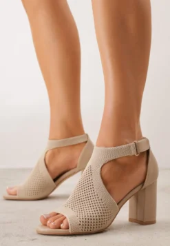 Ciemnobeżowe Sandały Soft Fit VICES na Obcasie w Stylu Botków z Elastyczną Ażurową Cholewką Comfort Omphopis