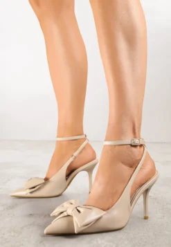 Ciemnobeżowe Sandały Vices na Szpilce Slingback Ozdobione Kokardą Tilvanea