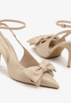 Ciemnobeżowe Sandały Vices na Szpilce Slingback Ozdobione Kokardą Tilvanea