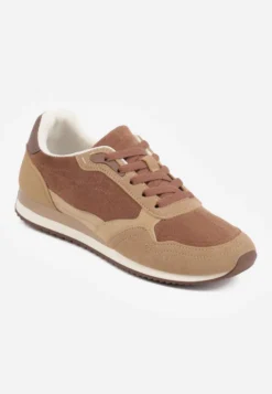 Ciemnobeżowe Sneakersy Basic z Imitacji Zamszu Ozdobione Przeszyciami Nethe