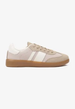Ciemnobeżowe Sneakersy na Kauczukowej Podeszwie Ozdobione Paskami Emidi