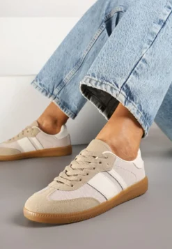 Ciemnobeżowe Sneakersy na Kauczukowej Podeszwie Ozdobione Paskami Emidi