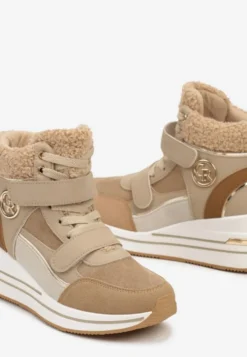 Ciemnobeżowe Sneakersy na Koturnie z Metalicznymi Wstawkami i Sztucznym Futerkiem Lerilanes