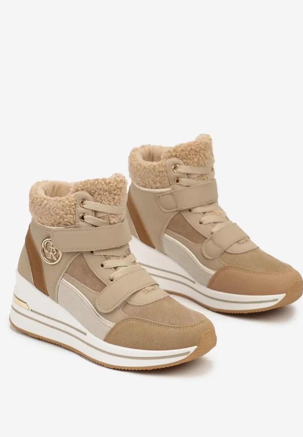 Ciemnobeżowe Sneakersy na Koturnie z Metalicznymi Wstawkami i Sztucznym Futerkiem Lerilanes
