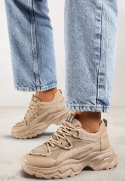 Ciemnobeżowe Sneakersy na Masywnej Podeszwie z Siateczkowym Wstawkami i Ozdobnymi Sznurówkami Ollavia