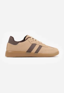 Ciemnobeżowe Sneakersy na Płaskiej Podeszwie z Paskami Jereria