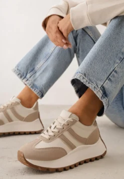 Ciemnobeżowe Sneakersy na Platformie z Geometrycznym Motywem Tillia