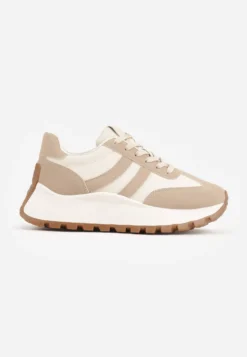 Ciemnobeżowe Sneakersy na Platformie z Geometrycznym Motywem Tillia
