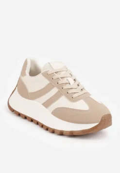 Ciemnobeżowe Sneakersy na Platformie z Geometrycznym Motywem Tillia