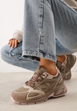Ciemnobeżowe Sneakersy na Platformie Ozdobione Odblaskowymi Elementami Eglantina