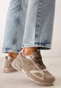 Ciemnobeżowe Sneakersy na Platformie Ozdobione Odblaskowymi Elementami Eglantina