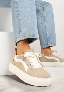 Ciemnobeżowe Sneakersy na Platformie z Geometrycznym Wzorem Kornelna