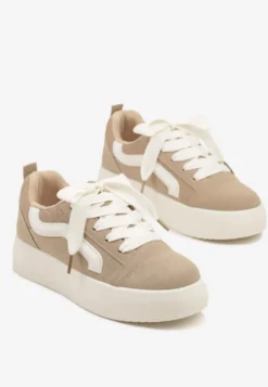 Ciemnobeżowe Sneakersy na Platformie z Geometrycznym Wzorem Kornelna