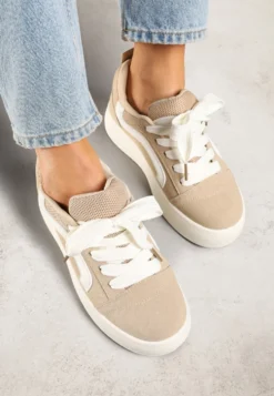 Ciemnobeżowe Sneakersy na Platformie z Geometrycznym Wzorem Kornelna