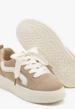 Ciemnobeżowe Sneakersy na Platformie z Geometrycznym Wzorem Kornelna