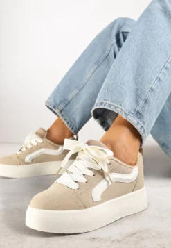 Ciemnobeżowe Sneakersy na Platformie z Geometrycznym Wzorem Kornelna