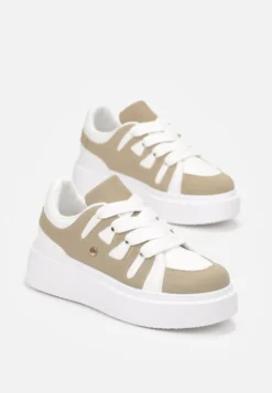 Ciemnobeżowe Sneakersy na Platformie z Szerokim Sznurowaniem Aklilu