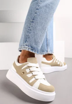 Ciemnobeżowe Sneakersy na Platformie z Szerokim Sznurowaniem Aklilu