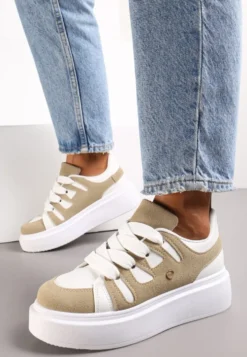 Ciemnobeżowe Sneakersy na Platformie z Szerokim Sznurowaniem Aklilu