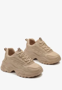 Ciemnobeżowe Sneakersy na Tłoczonej Podeszwie z Siateczkowymi Wstawkami Amrogia