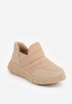 Ciemnobeżowe Sneakersy Śniegowce na Platformie z Tłoczeniem i Pikowaną Cholewką Vermina