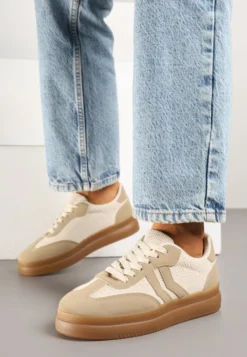 Ciemnobeżowe Sneakersy Ozdobione Paskami Sadleane