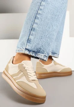 Ciemnobeżowe Sneakersy Ozdobione Paskami Sadleane