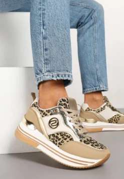 Ciemnobeżowe Sneakersy Ozdobione Wzorem w Panterkę z Metalicznymi Zdobieniami na Platformie Gonnella