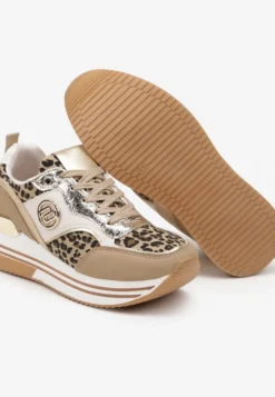Ciemnobeżowe Sneakersy Ozdobione Wzorem w Panterkę z Metalicznymi Zdobieniami na Platformie Gonnella