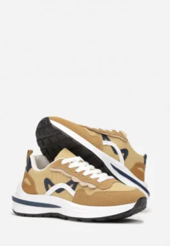 Ciemnobeżowe Sneakersy przed Kostkę z Modnymi Przeszyciami Ciana