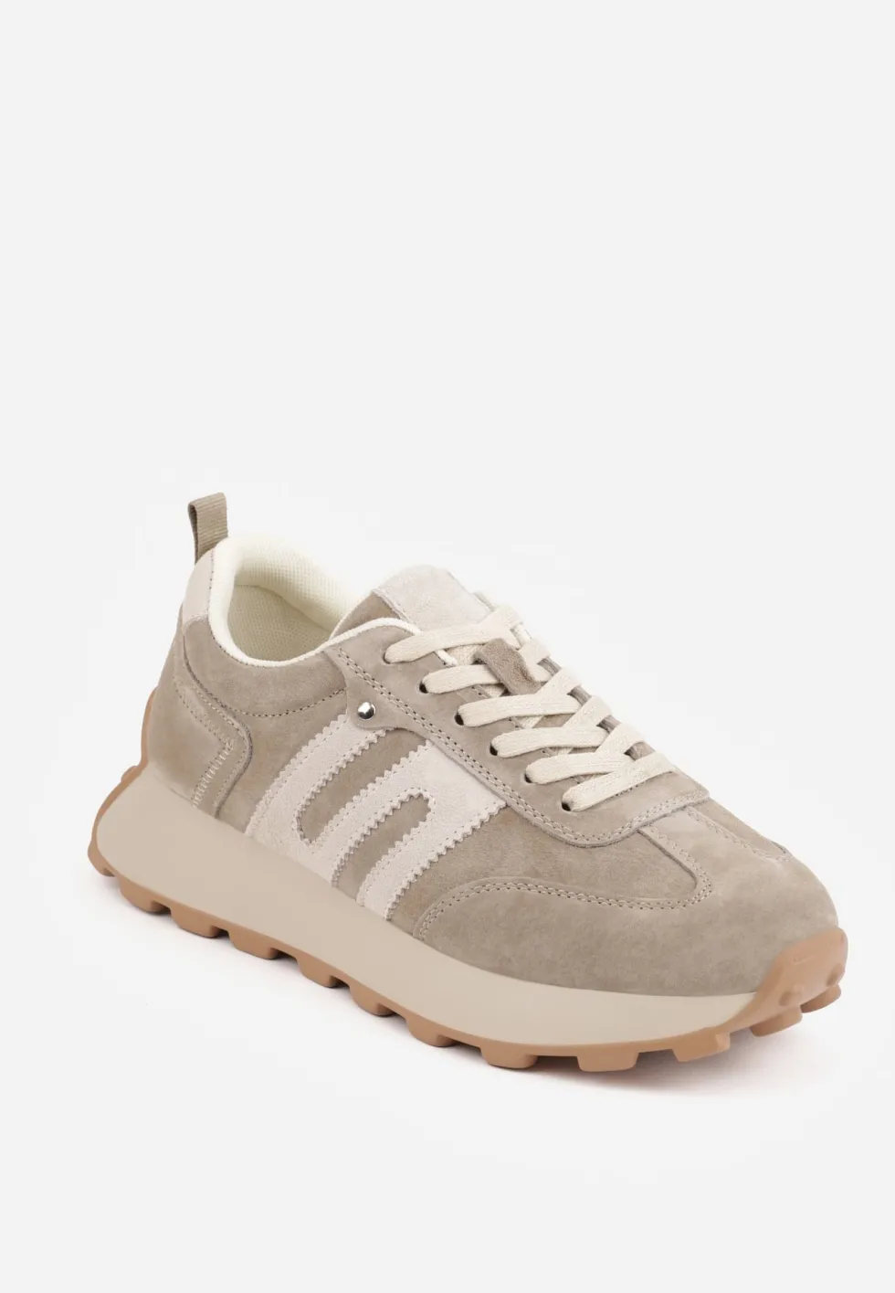 Ciemnobeżowe Sneakersy Skórzane w Stylu Sportowym z Ozdobnymi Wstawkami i Przeszyciami Evlinna