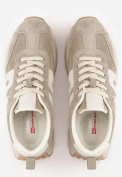 Ciemnobeżowe Sneakersy Skórzane w Stylu Sportowym z Ozdobnymi Wstawkami i Przeszyciami Evlinna