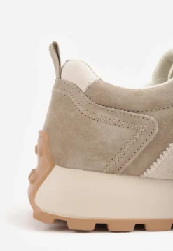 Ciemnobeżowe Sneakersy Skórzane w Stylu Sportowym z Ozdobnymi Wstawkami i Przeszyciami Evlinna