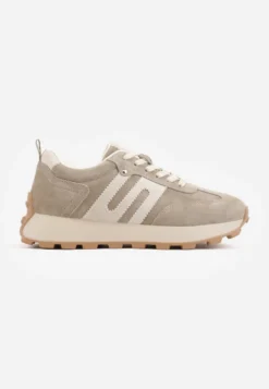 Ciemnobeżowe Sneakersy Skórzane w Stylu Sportowym z Ozdobnymi Wstawkami i Przeszyciami Evlinna