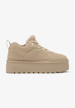 Ciemnobeżowe Sneakersy Stylizowane na Śniegowce Ozdobione Futerkiem Maviena