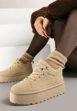 Ciemnobeżowe Sneakersy Stylizowane na Śniegowce Ozdobione Futerkiem Maviena