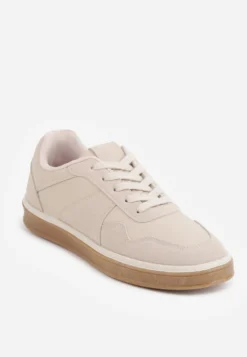 Ciemnobeżowe Sneakersy VICES w Stylu Basic ze Wstawkami z Imitacji Nubuku Akila