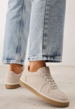 Ciemnobeżowe Sneakersy VICES w Stylu Basic ze Wstawkami z Imitacji Nubuku Akila