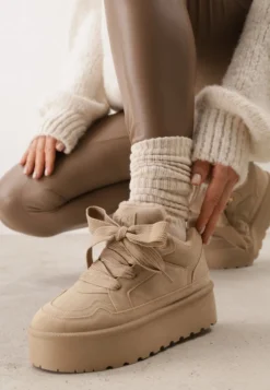 Ciemnobeżowe Sneakersy Vices na Platformie Obszyte Futerkiem Naleris