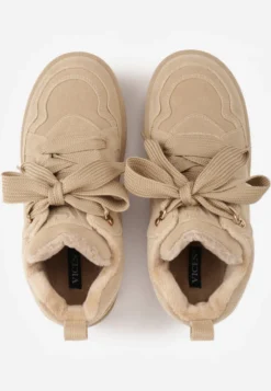 Ciemnobeżowe Sneakersy Vices na Platformie Obszyte Futerkiem Naleris