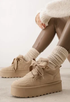 Ciemnobeżowe Sneakersy Vices na Platformie Obszyte Futerkiem Naleris