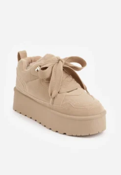 Ciemnobeżowe Sneakersy Vices na Platformie Obszyte Futerkiem Naleris