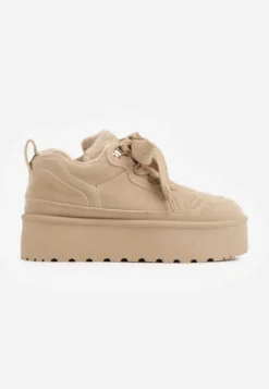 Ciemnobeżowe Sneakersy Vices na Platformie Obszyte Futerkiem Naleris
