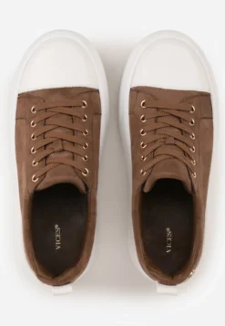 Ciemnobeżowe Sneakersy VICES na Platformie z Metaliczną Aplikacją i Napisem Beli